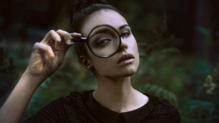 Woman magnifyingglass sky forest realistic - facial feature free wallpaper