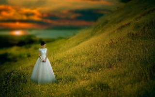 Woman white dress field sunset - a field of grass free wallpaper for desktop