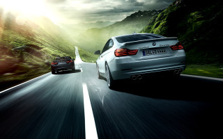 Mountain road night cars sunshine - two car free wallpaper