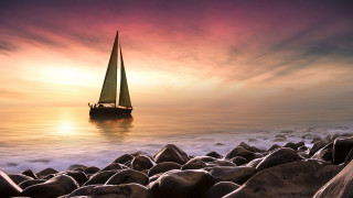 Sailboat ocean sunset rocks pink - a sailboat free wallpaper