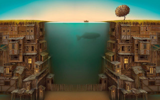 Surreal city tree shark swimming - surrealist free wallpaper