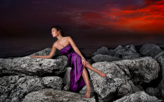 Purple dress sunset rocks ocean - contemporary free wallpaper for desktop