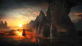 Boat mountain sunset waterfall fantasy - matte fantasy painting free wallpaper for desktop
