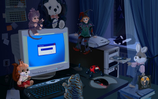 Computer girl cat characters desk - a keyboard free wallpaper