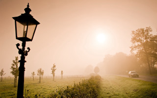 Car road lamppost field trees - the fog free wallpaper