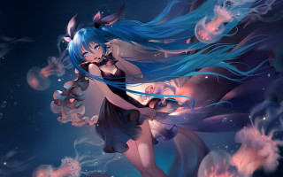 Blue hair girl flying night - ocean free wallpaper