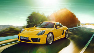 Yellow sports car road trees 3 - a bright sun free wallpaper