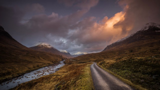 Valley road mountain stream evening - the valley below free wallpaper
