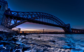 Bridge river sunset rocks cityscape - a bridge over a river free wallpaper