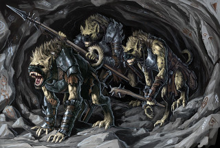Men armor cave walking dog - fantasy concept art free wallpaper