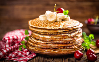 Pancakes bananas cherries plate checkeredcloth - a stack of pancakes free wallpaper