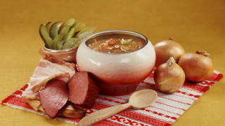 Soup meat beans vegetables tablecloth - a spoon and a spoon free wallpaper