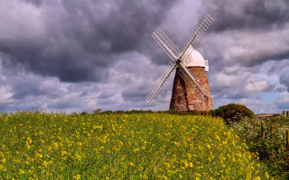 Windmill hill cloudy sky yellow - a windmill free wallpaper