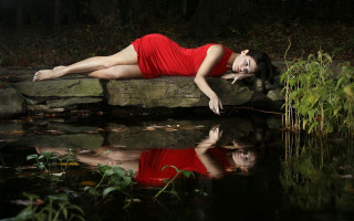Woman red dress pond woods - a pond free wallpaper for desktop