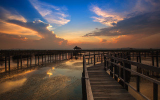 Wooden walkway pier sunset clouds - a wooden walkway free wallpaper