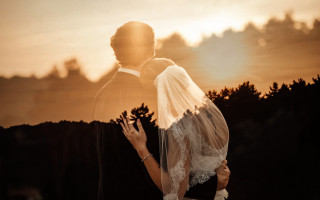 Bride groom kissing sunset trees - a bride and groom free wallpaper