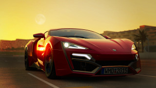 Red sports car city sunset 3 - realistic lighting free wallpaper
