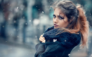 Woman long hair black jacket 21 - snow flake free wallpaper
