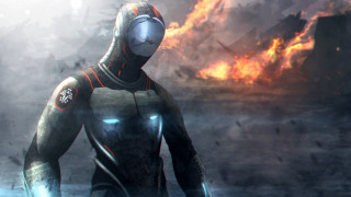 Futuristic man in suit fire - area free wallpaper