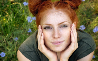 Red haired freckled woman flower - freckle free wallpaper