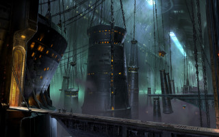 Futuristic city clocktower night bridge - a large ship free wallpaper