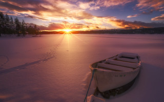 Snowy field boat sunset forest - field next free wallpaper