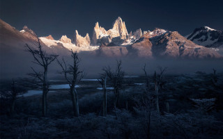 Mountain river forest trees clouds - a few tree free wallpaper