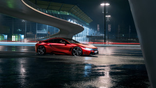 Red sports car night curved - free cars wallpaper
