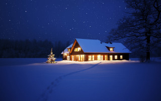 Snow christmas house lights aurora - a house free wallpaper