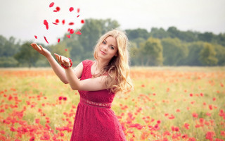 Red dress woman flowers field - petal free wallpaper