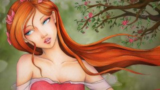 Red haired woman pink dress 2 - long red hair free wallpaper