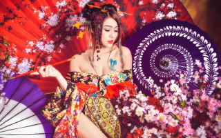 Woman colorful dress parasol flower - her face and body free wallpaper