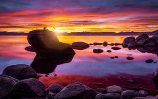 Sunset lake rocks water person - rock and water free wallpaper for desktop