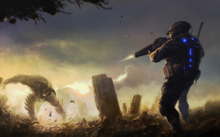 Futuristic man gun monster field - game art free wallpaper