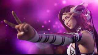 Woman pointing purple background blurry - a finger free wallpaper for desktop