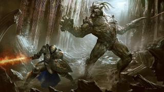 Man fighting giant creature forest - clint cearley free wallpaper