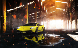 Yellow sports car warehouse reflection - andrew law free wallpaper