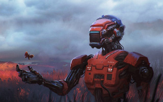 Robot butterfly field clouds retrofuturism - a robot holding free wallpaper