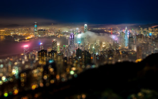 City lights fog nightscape bokeh - tilt shift free wallpaper