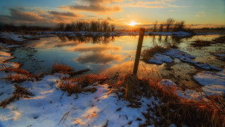 Pond snow fence sunset landscape - a pond free wallpaper