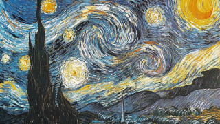 Starry night mountain building foreground - postimpressionism free wallpaper
