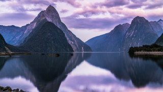 Mountain lake reflection boats cloudy - symmetrical balance free wallpaper