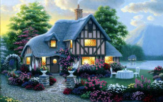 Cottage flowers table dusk lake 2 - kinkade free wallpaper