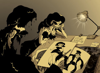 Cartoon man woman desk lamp - the table free wallpaper