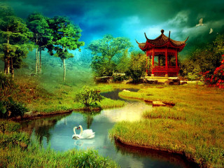 Swan swimming pond park pagoda - chen chi free wallpaper