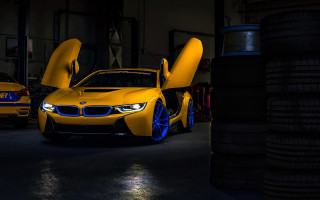 Yellow car doors open garage - other car free wallpaper