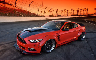 Red mustang driving sunset palm - a red sky free wallpaper