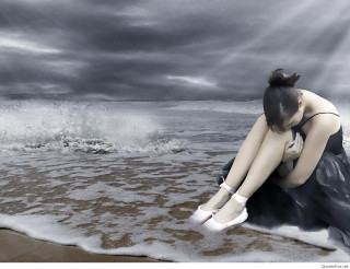Woman beach black dress white - a dark sky in the background free wallpaper
