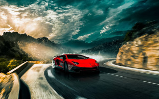 Red sports car mountains clouds 4 - a red sports car free wallpaper