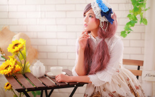 Pink haired woman coffee flower - cosplay free wallpaper for desktop